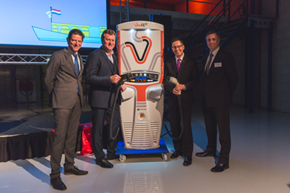 Celebrating Tritium's move into Europe are (from left) Tritium Europe sales general manager Jeroen Jonker, Tritium chief investment officer David Toomey, Australian Ambassador to the Netherlands Brett Mason, and Tritium co-founder and CEO David Finn.