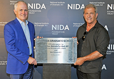 Prime Minister Malcolm Turnbull and actor-director Mel Gibson mark the opening of the NIDA Graduate School in Sydney.
