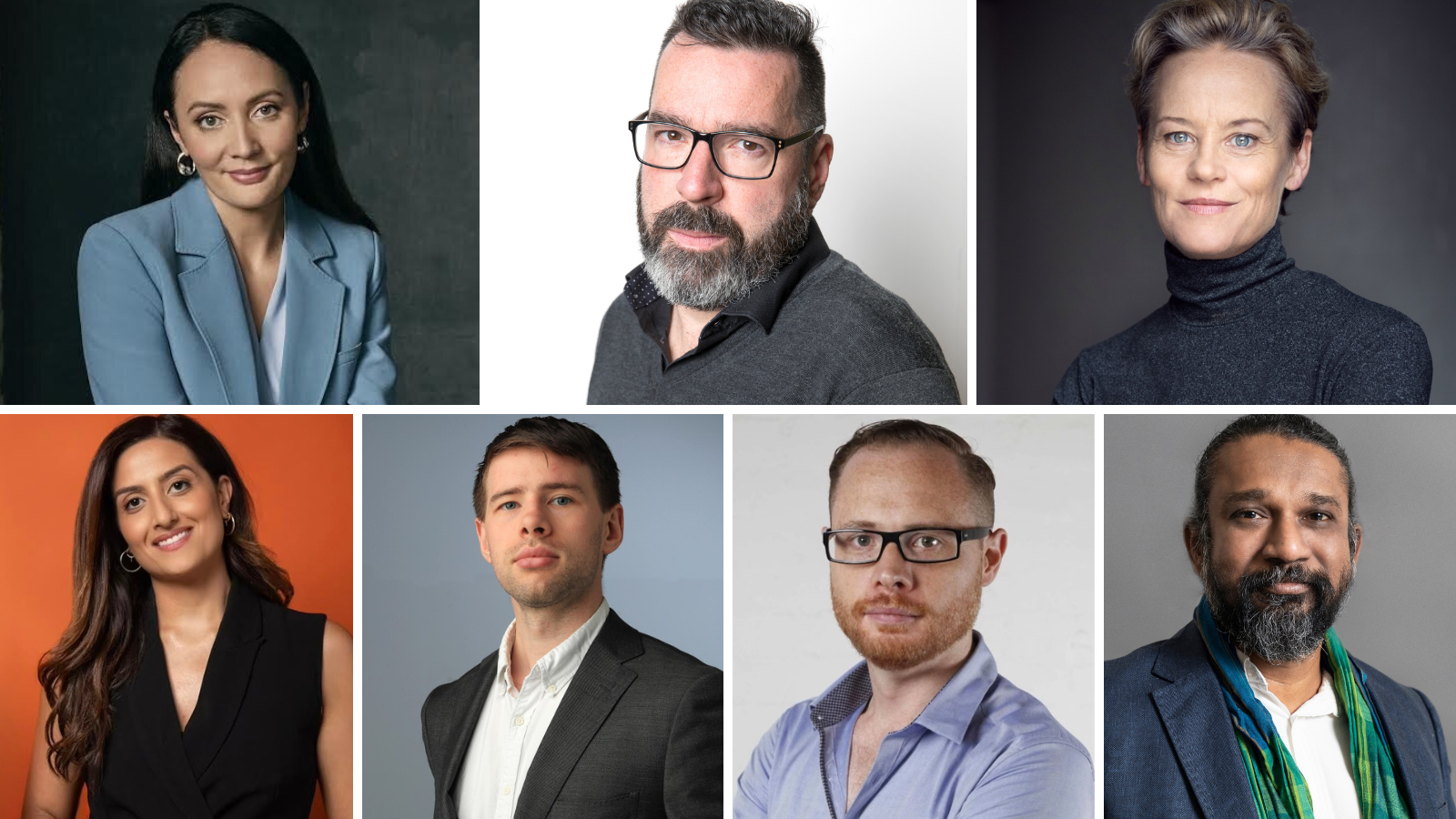 The Walkley Foundation’s board of directors (from top left) are Bridget Brennan, Ben Butler, Nadine Garner, Nour Haydar, David Ross, Michael Slezak and Kasun Ubayasiri.