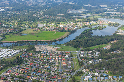 Aerial view of the Seachange lifestyle resort region at Coomera, Gold Coast.