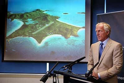 Greg Norman announces the proposed tourism integrated resort at Great Keppel Island. Plans are now challenged by the refusal of a casino licence, allocated instead to Cairns and the Gold Coast.